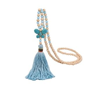 Beaded Tassel Necklace with Turquoise Butterfly, Boho Long Necklace with 6" Drop
